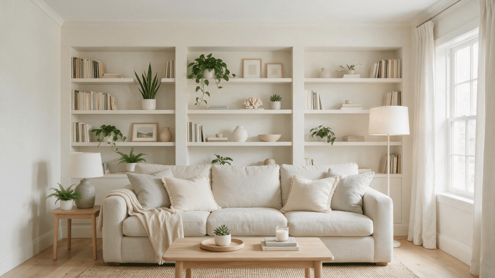 Living room with built-in shelves displaying books, plants, and decor items.