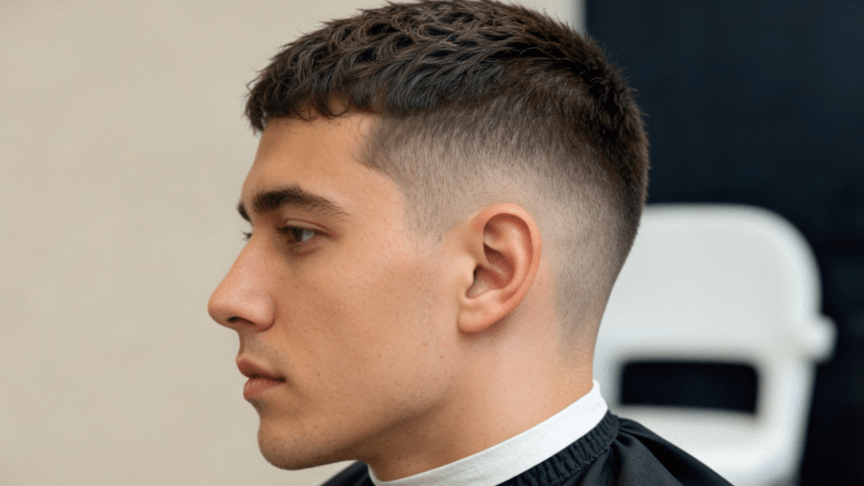 Burst fade hairstyle for men with thinning hair showing semicircular arc around the ear with textured length on top, side view.