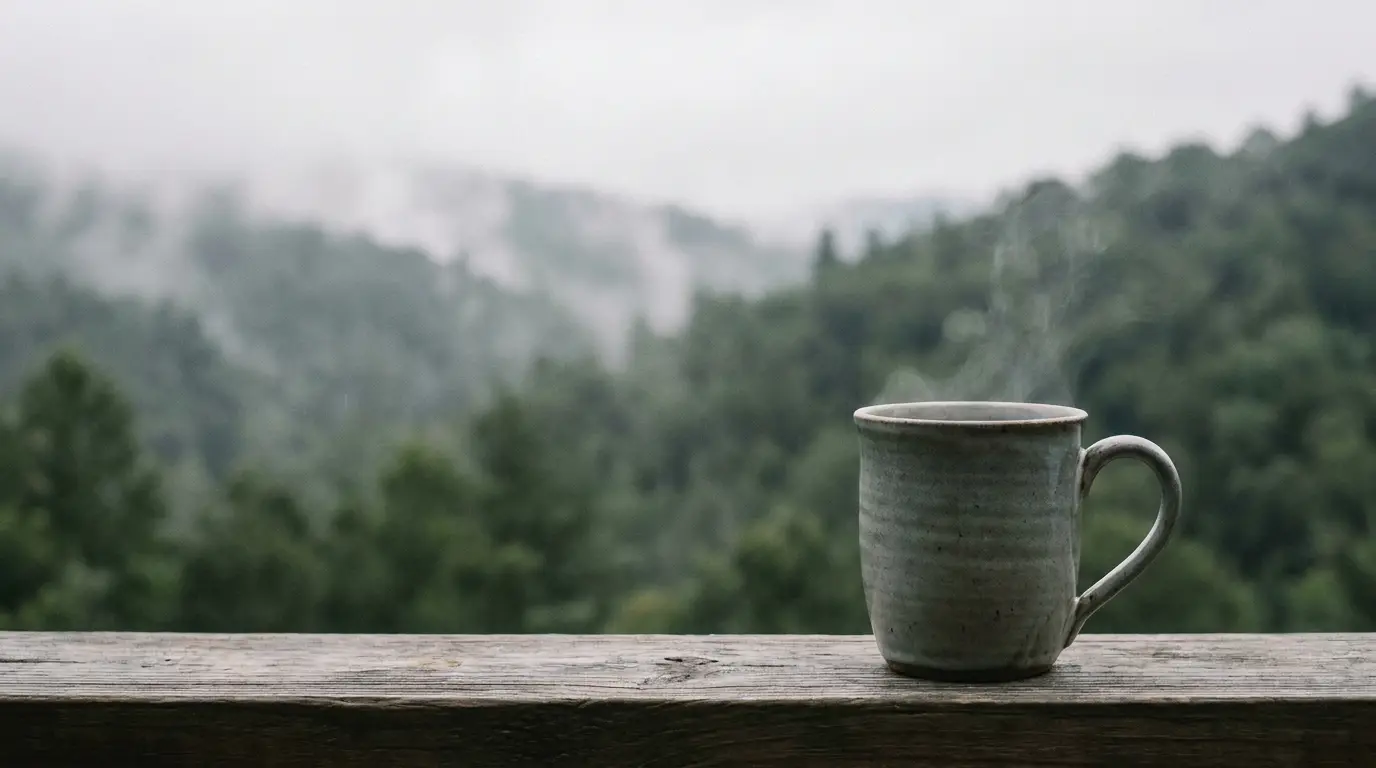 Steaming coffee mug on wooden railing overlooking misty forest landscape