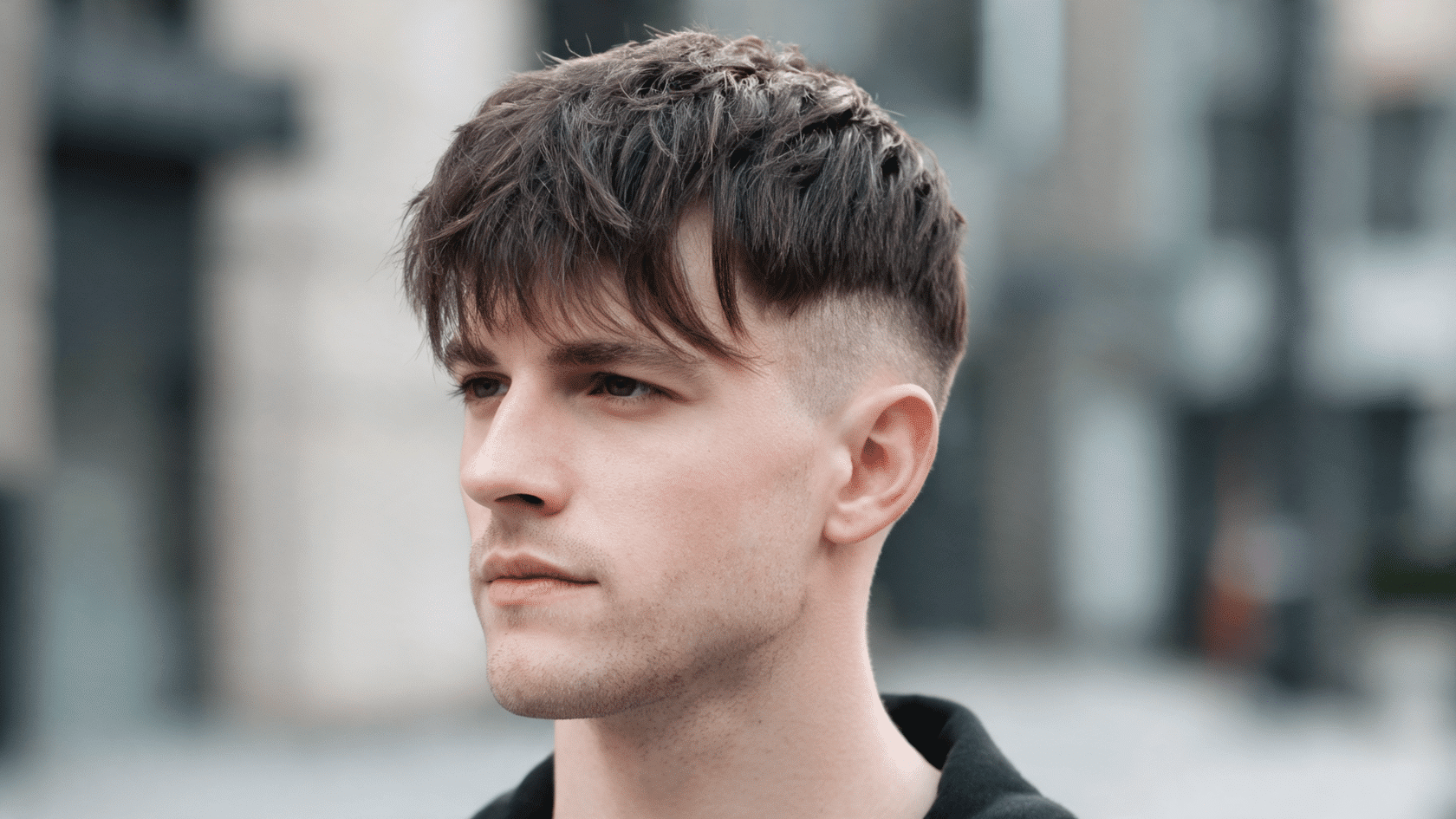 Man with a textured Caesar haircut and short faded sides outdoors.
