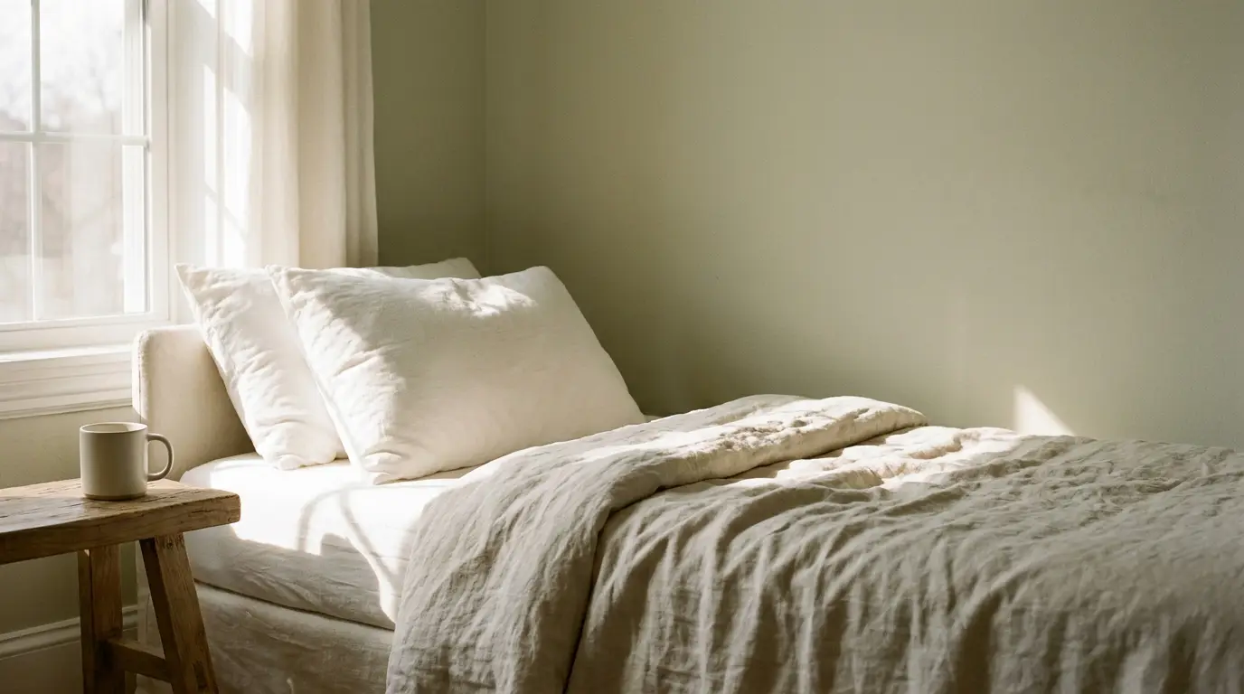 Cozy bed with linen bedding near window and wooden stool with mug