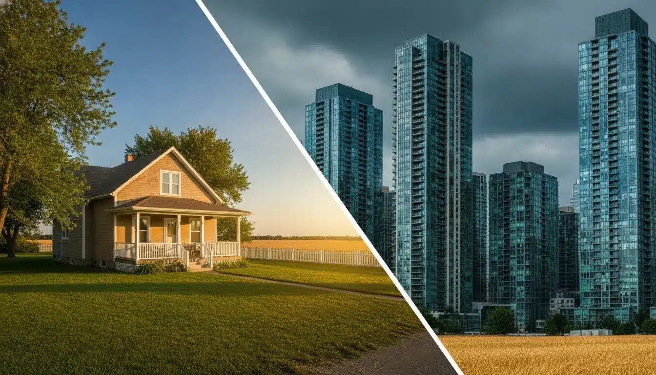 Rural farmhouse beside urban skyscrapers under contrasting skies