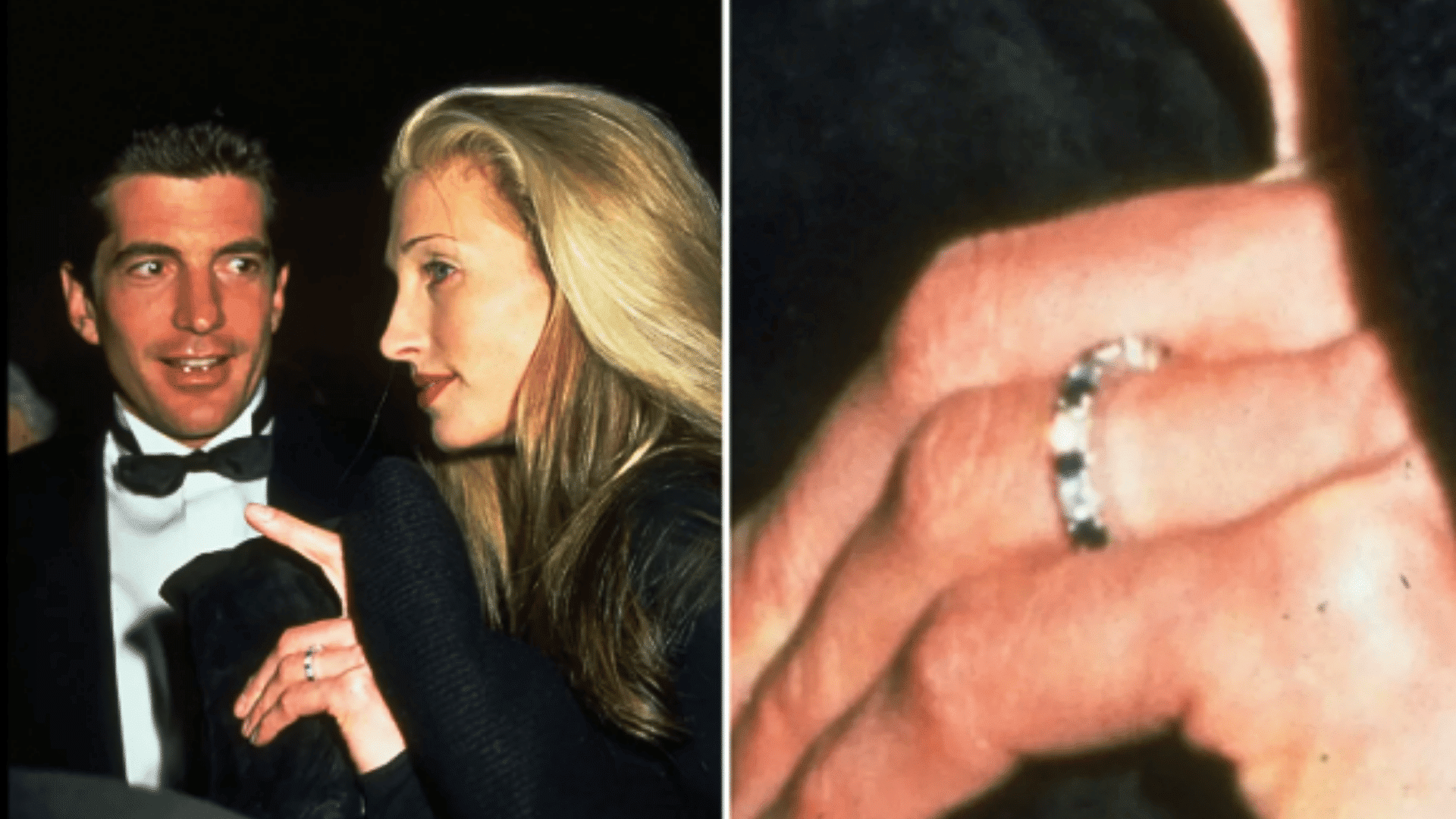 Carolyn Bessette Kennedy’s engagement ring shown with a close-up view of her sapphire and diamond eternity band.