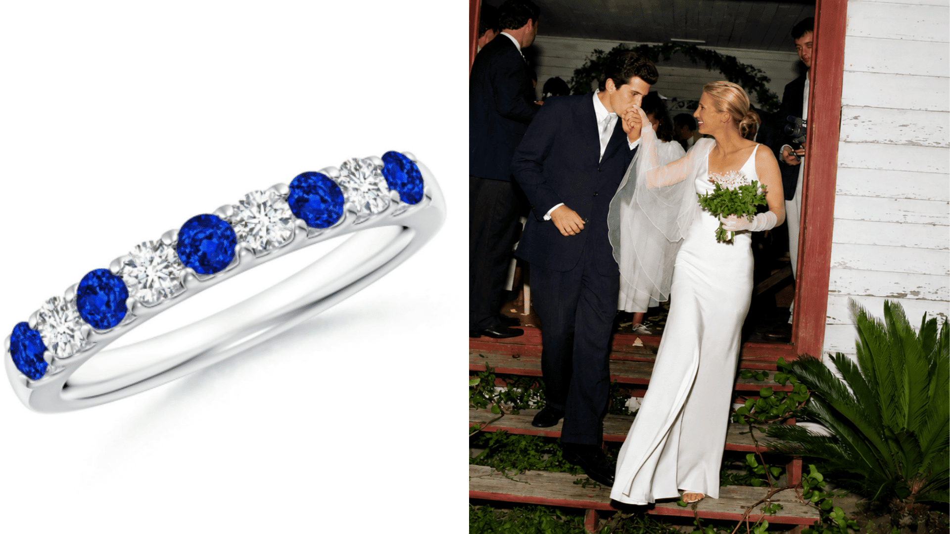 Carolyn Bessette wedding ring platinum sapphire and diamond ring beside her wedding moment.