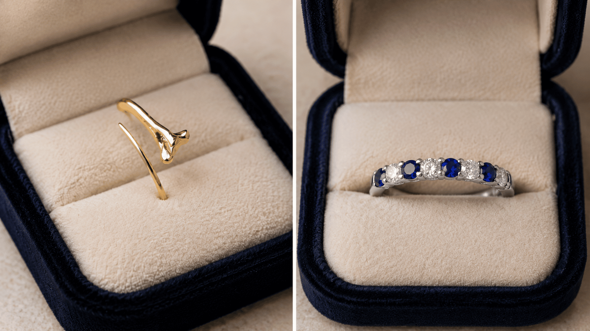 Carolyn Bessette wedding ring and engagement ring displayed in velvet boxes