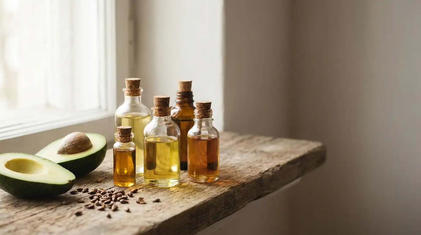 Bottles of oil and sliced avocado on rustic wooden surface in natural light