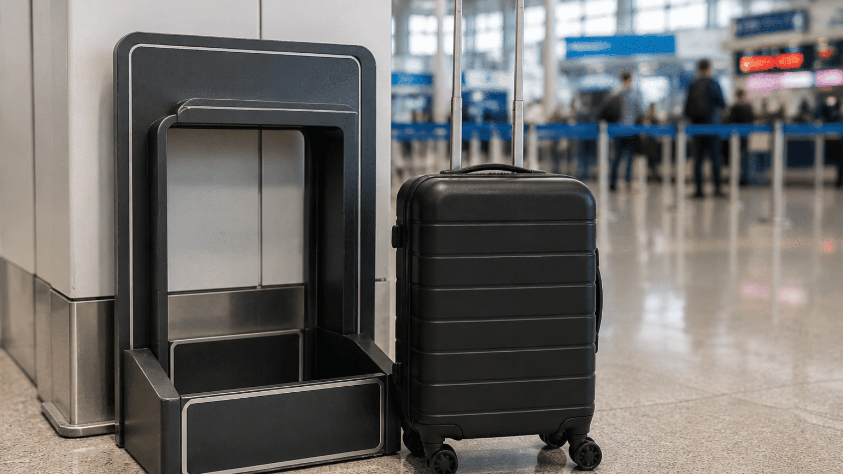 Carry-on suitcase placed beside an airport luggage size checker to show airline baggage size limits before flying.