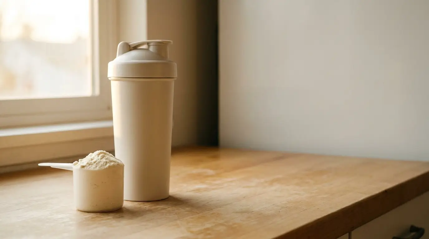 Protein shaker and scoop of powder on wooden table in natural light