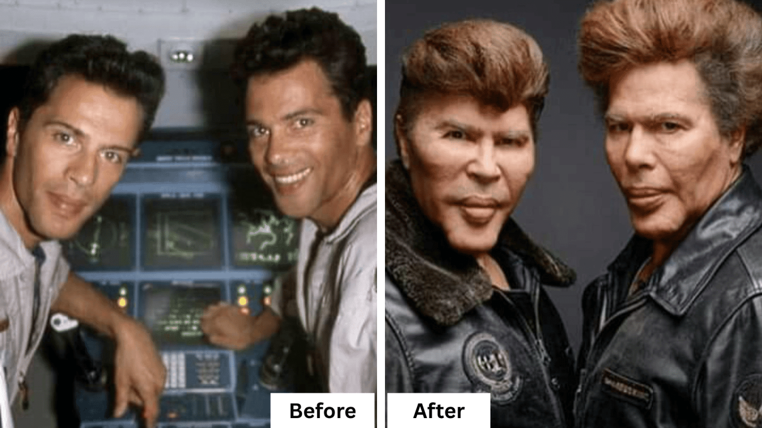 Igor and Grichka Bogdanoff celebrity appearance changes shown in a split image for worst celebrity plastic surgery comparisons.