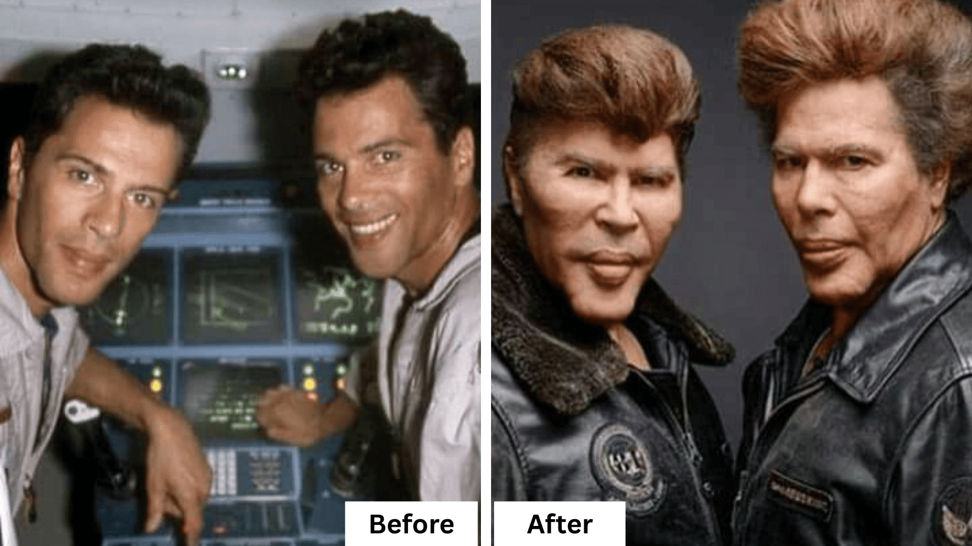 Igor and Grichka Bogdanoff celebrity appearance changes shown in a split image for worst celebrity plastic surgery comparisons.