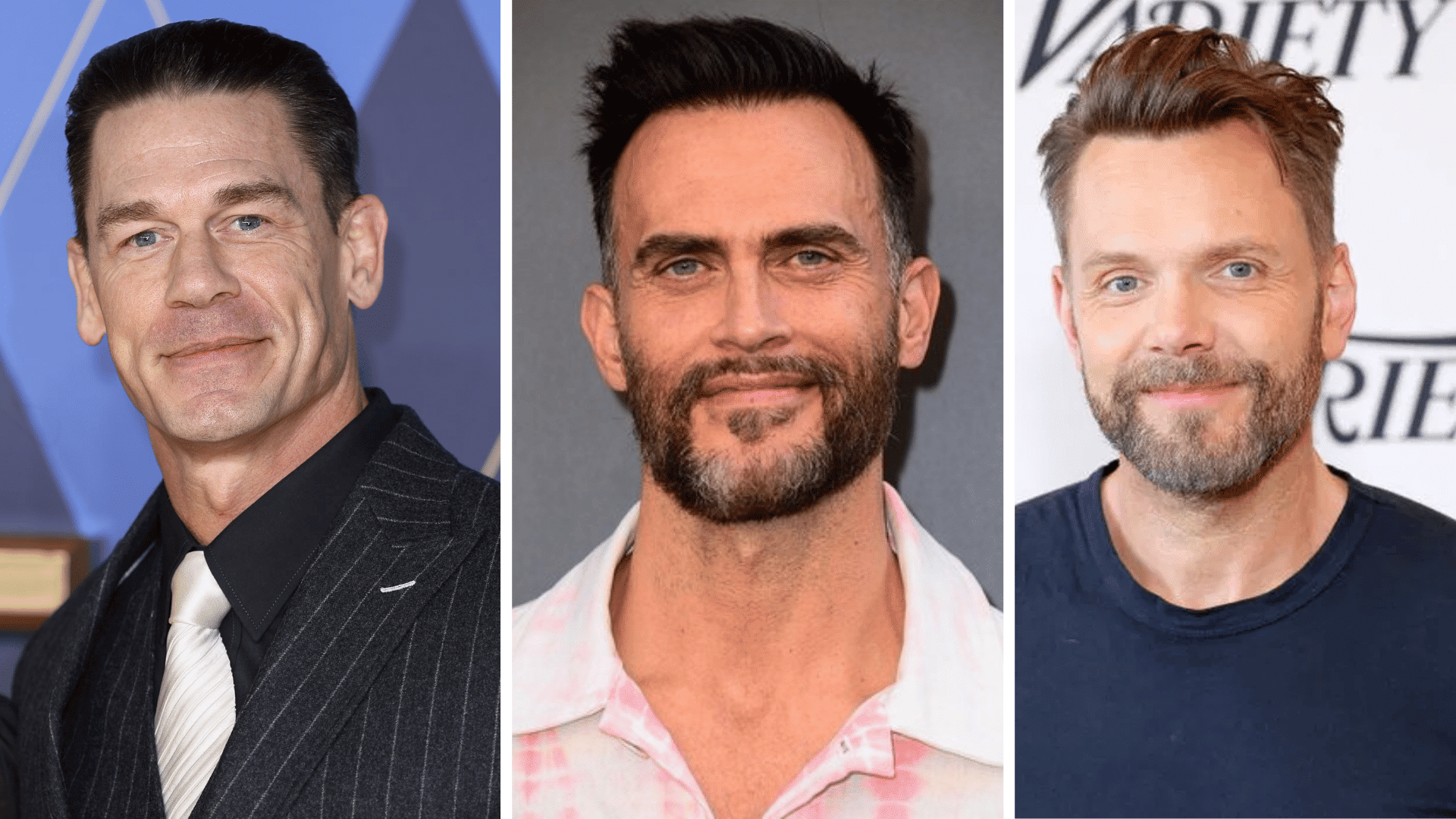 Three side-by-side male portraits showing different hair density and styling on red carpet and studio backgrounds