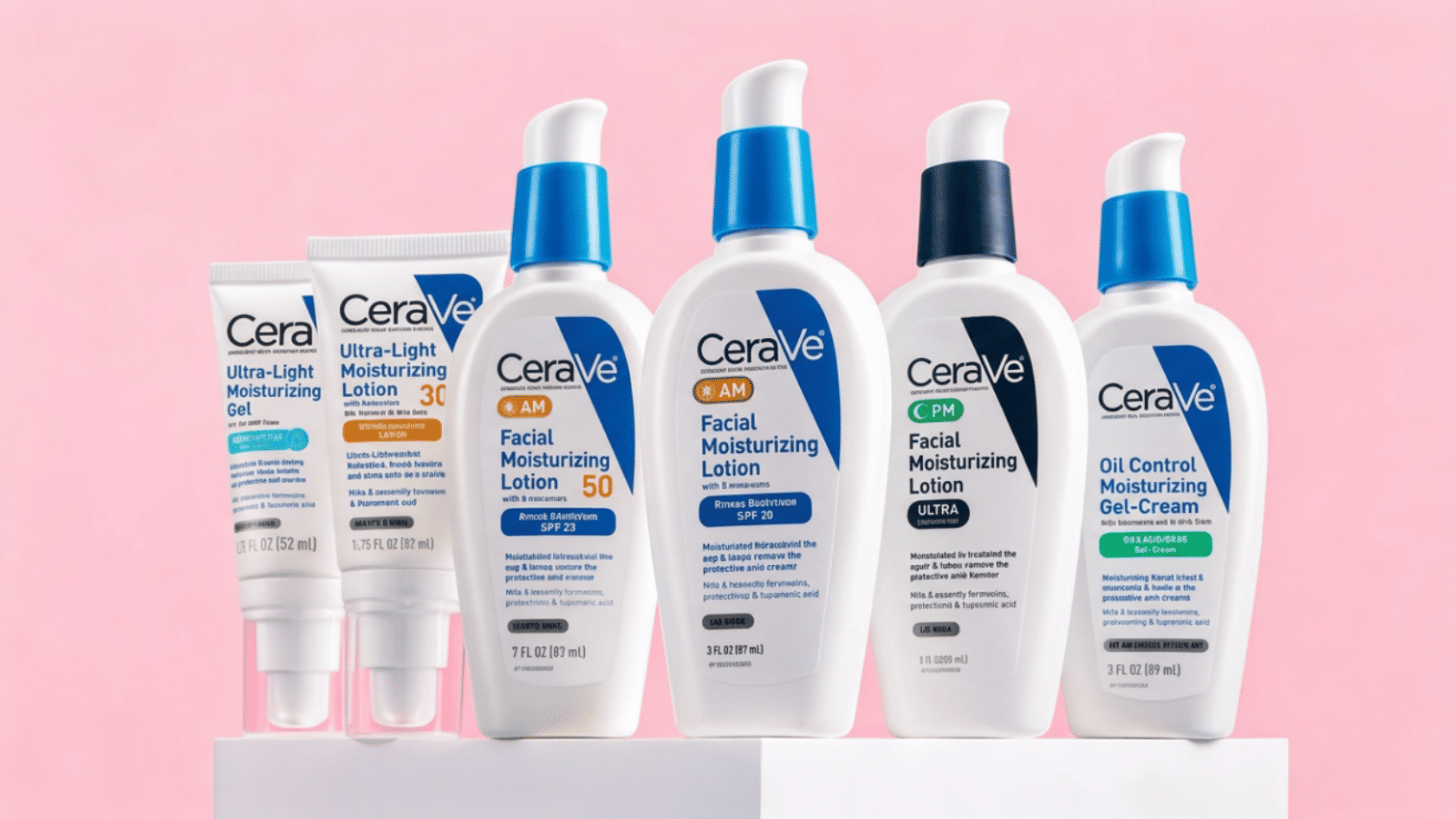 CeraVe skincare products arranged on a table, including cleanser, moisturizer, and treatment bottles.