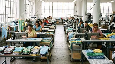 People sewing at rows of tables in bustling garment factory with large windows
