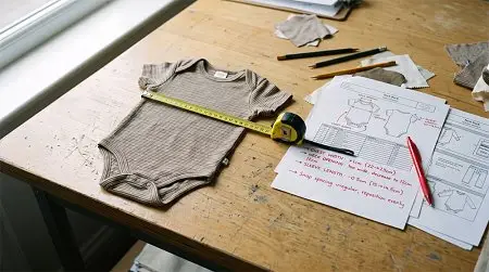 Baby onesie with tape measure on wooden table in a design workspace
