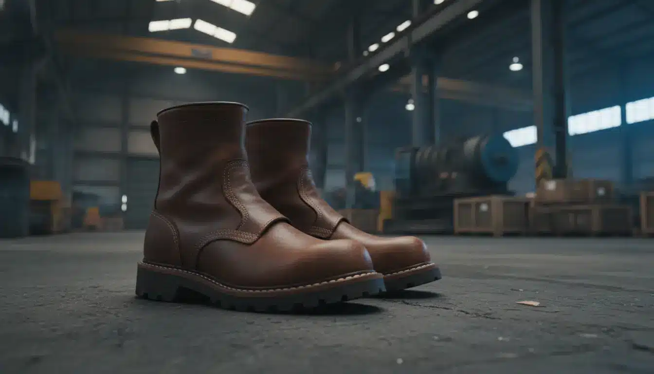 Brown leather work boots on concrete floor in spacious industrial warehouse