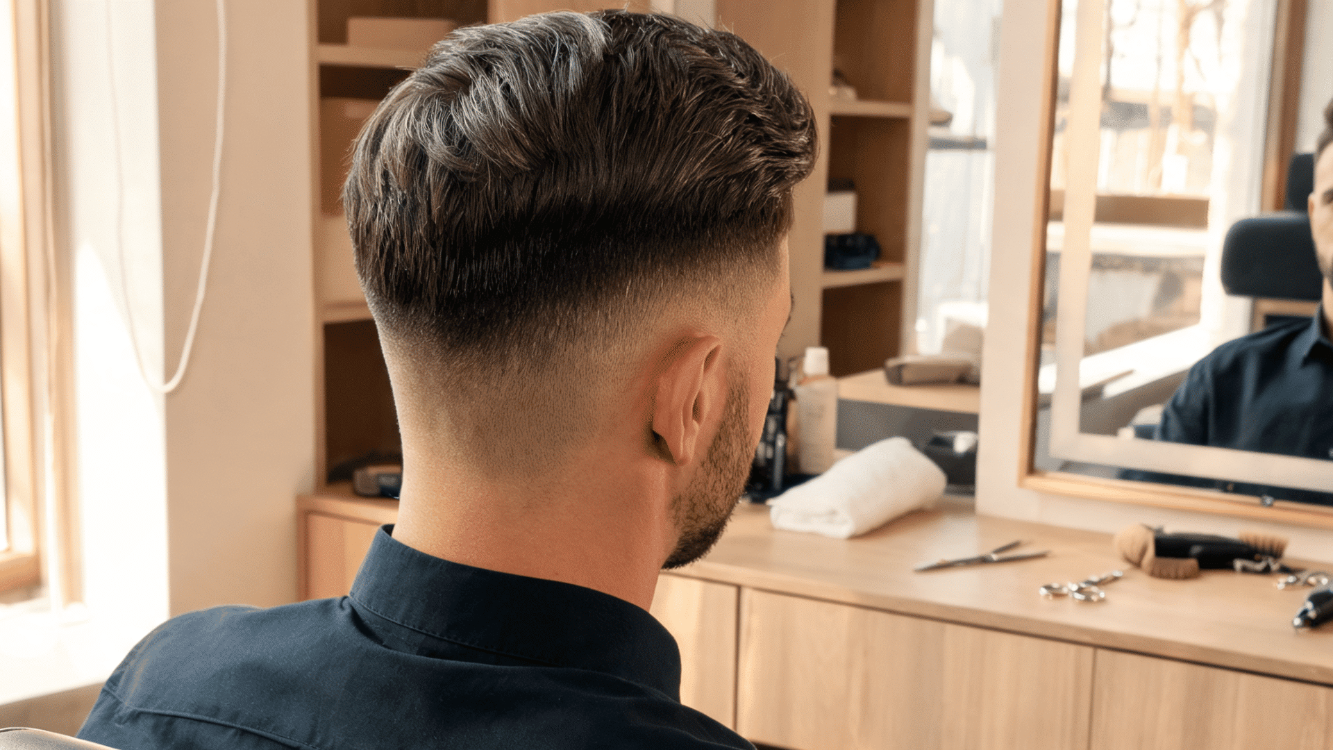 Man showing a classic haircut with tapered sides and textured top in a barbershop.