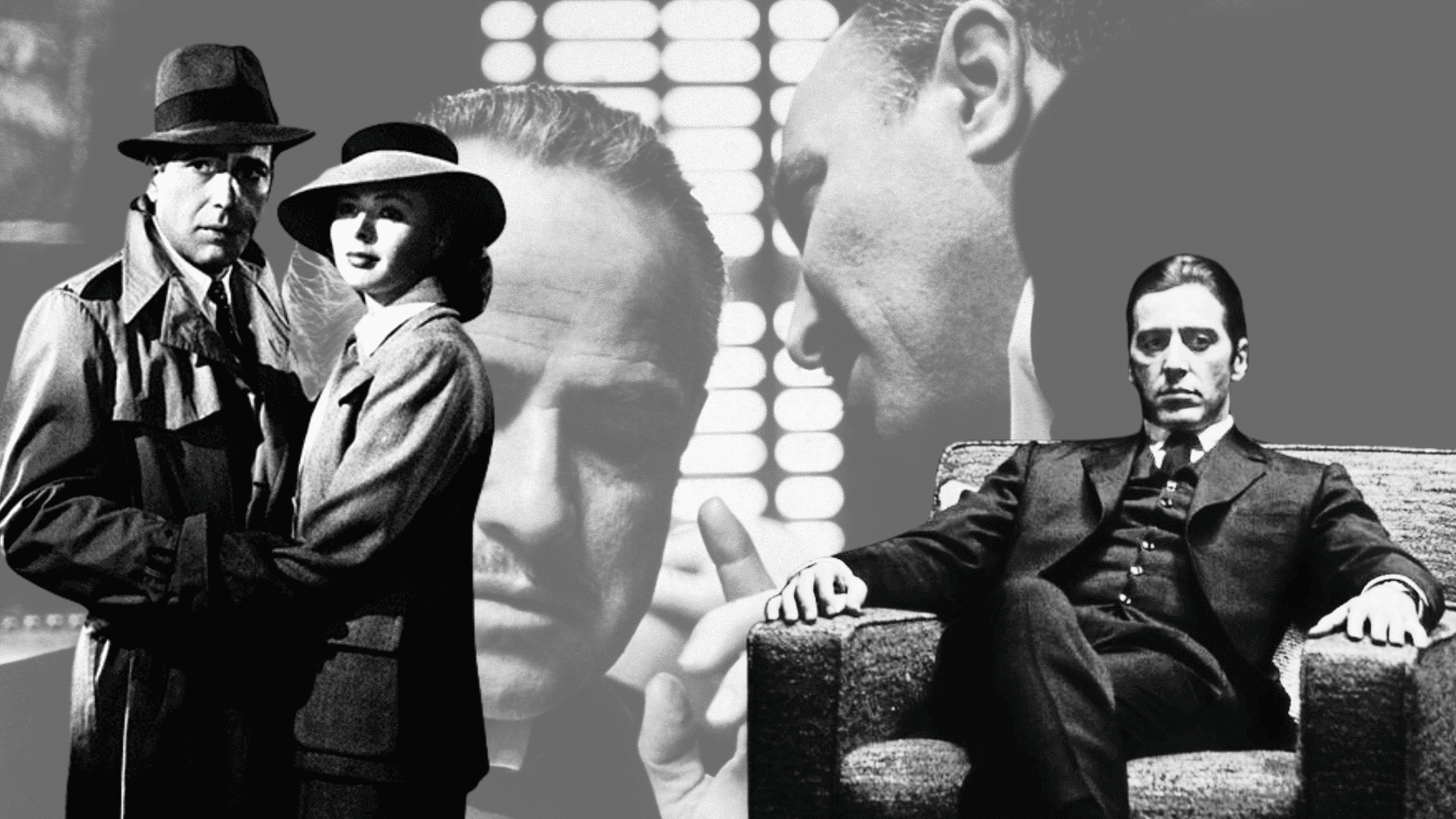 Classic Movie Trivia Questions Casablanca characters Rick Blaine and Ilsa Lund with The Godfather character Michael Corleone black-and-white collage