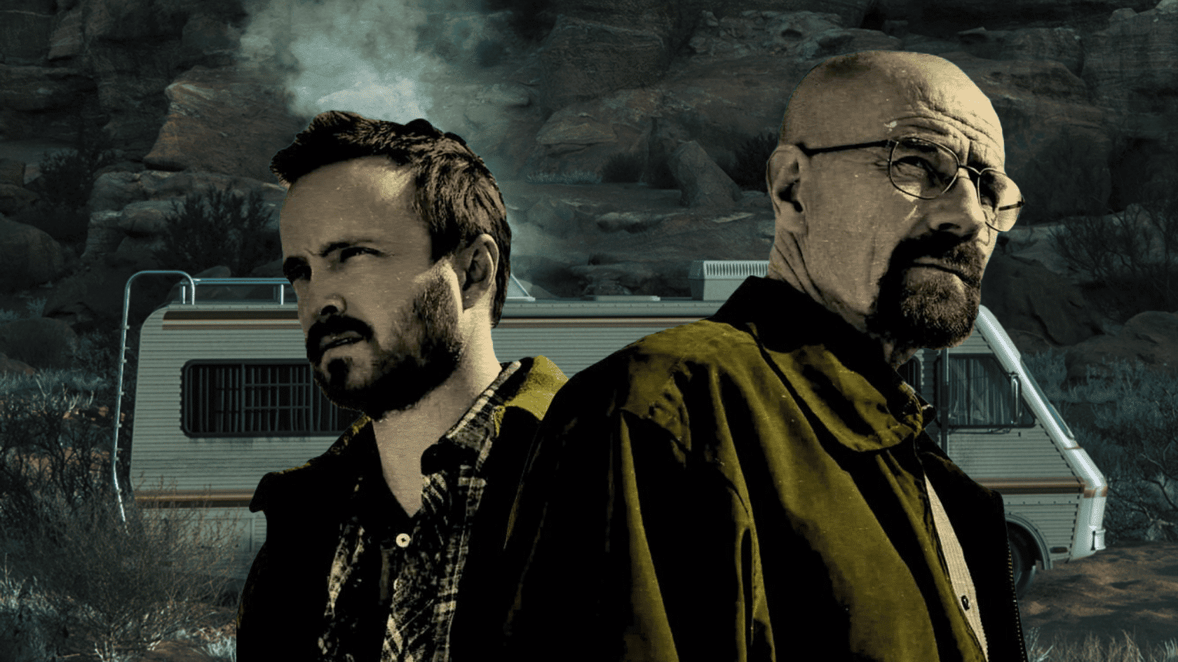 Breaking Bad series scene featuring two main characters in a desert setting with an RV background