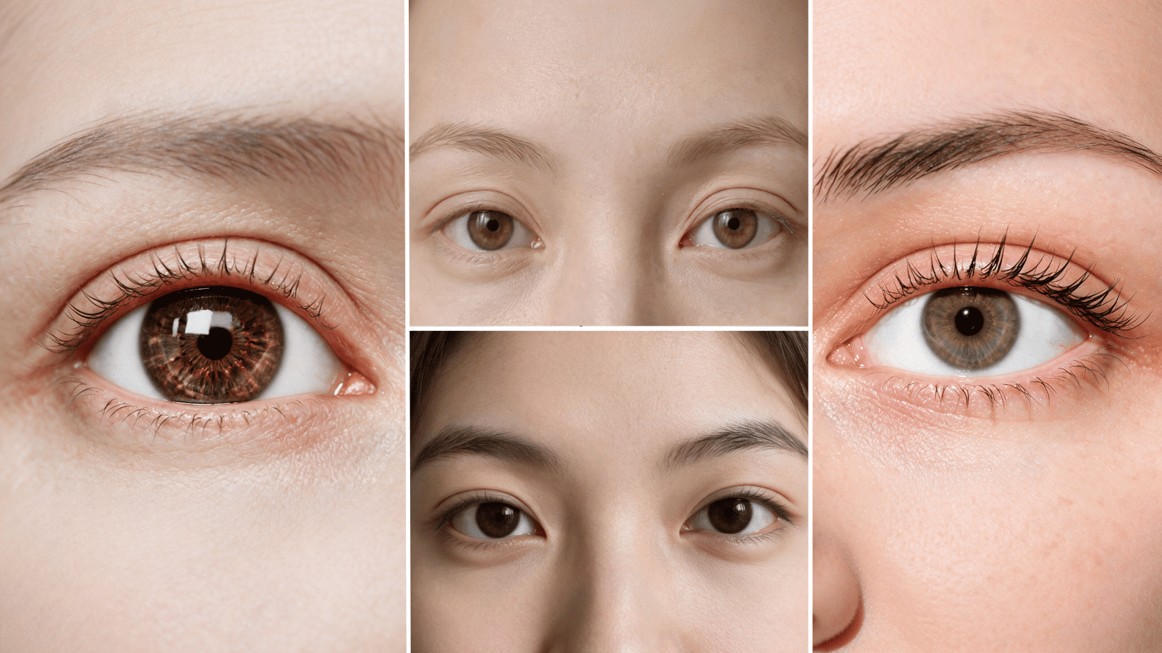 Close-up collage showing almond eye shape with elongated, tapered eye features.