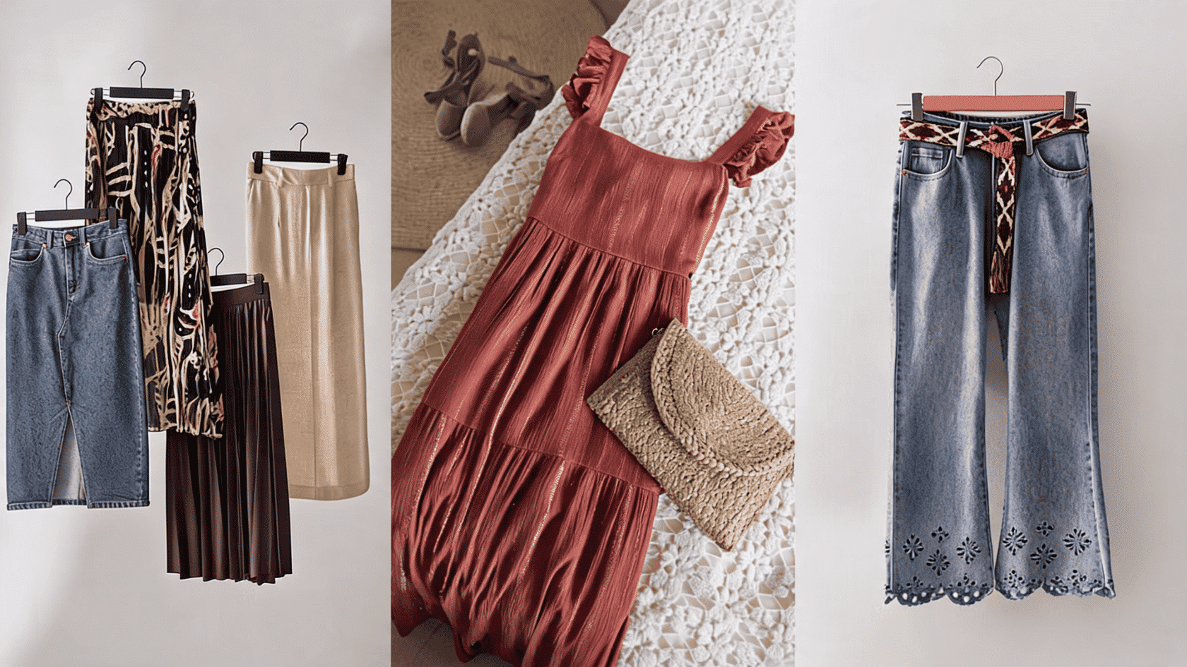 Clothing items including skirts, dresses, and trousers displayed on hangers and arranged on a fabric surface.