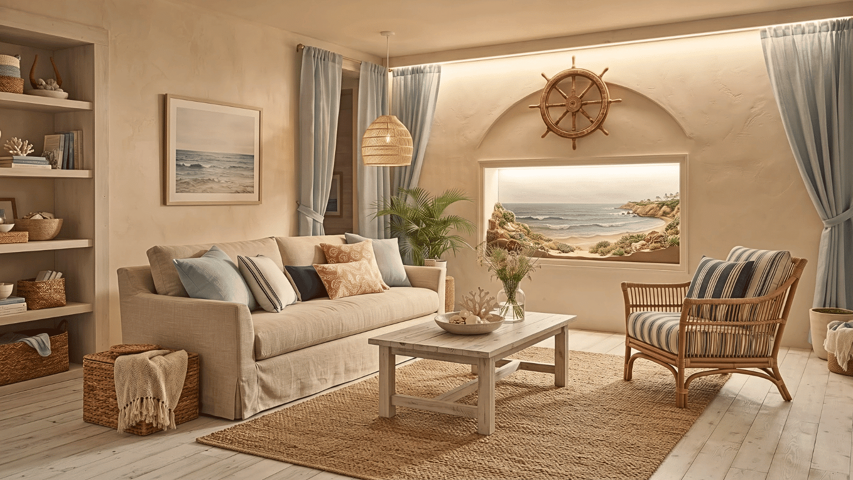 Coastal home showing modern interior styles with soft colors, natural textures, and relaxed seaside-inspired decor ideas
