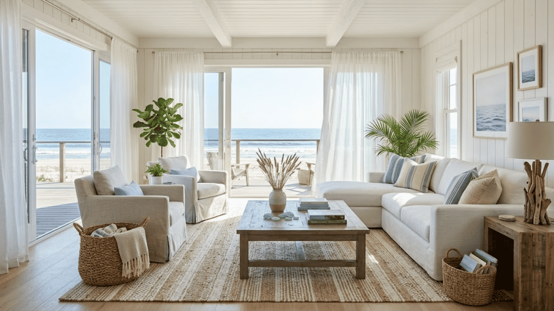 Coastal living room showcasing interior design styles with light colors, natural textures, woven decor, and an airy beach-inspired feel.