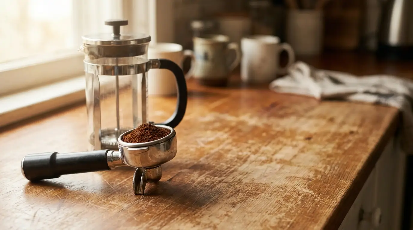 Ground coffee in portafilter and French press on wooden kitchen counter