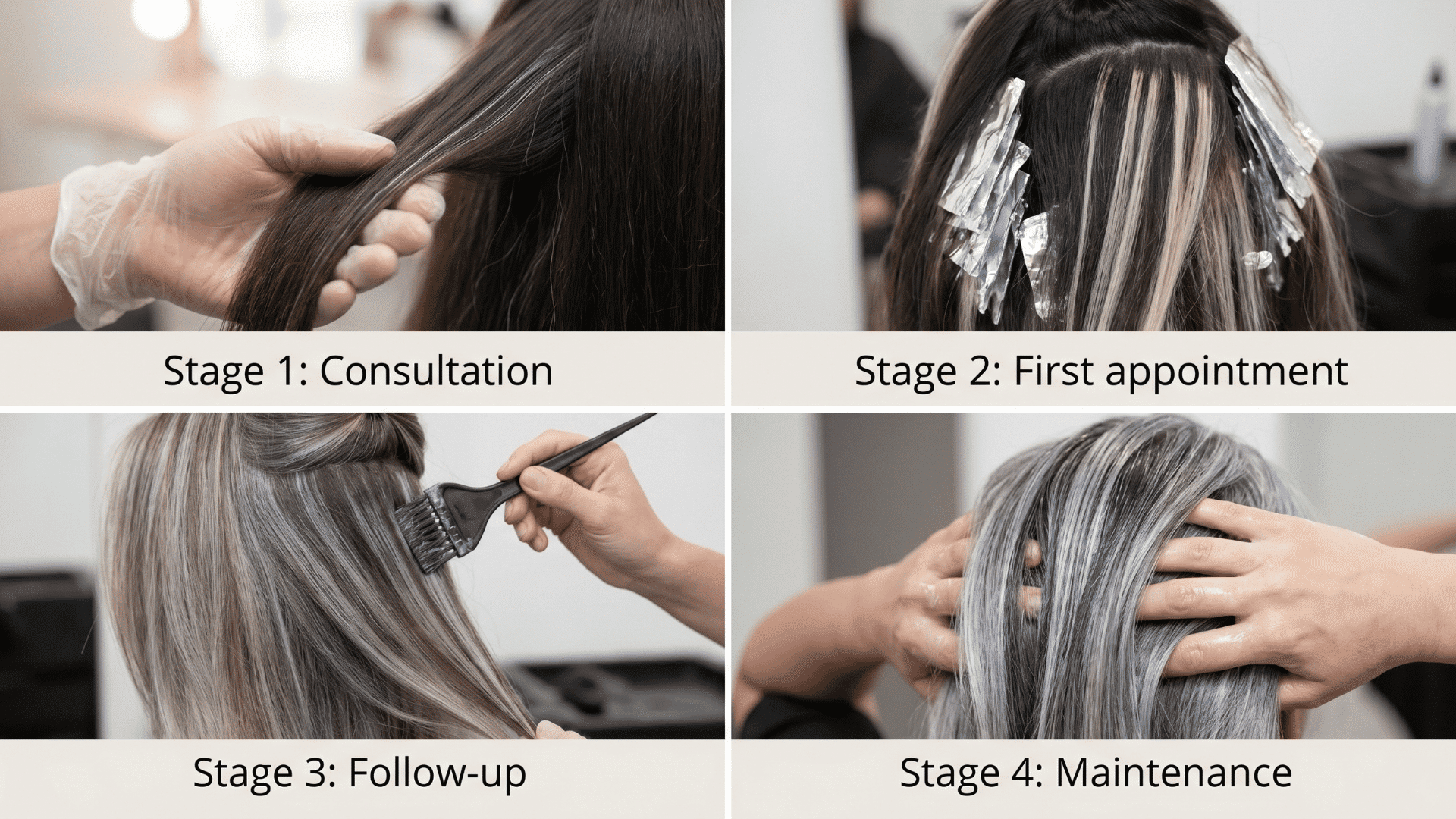 Collage of four stages of grey hair transition from consultation to maintenance, showing hair changes at each step.