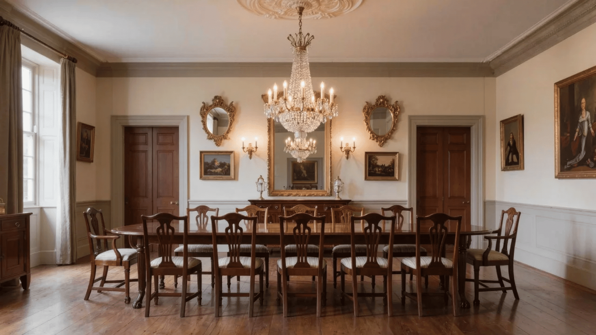 Colonial interior design styles dining room with wooden table, chairs, chandelier, and classic decor.