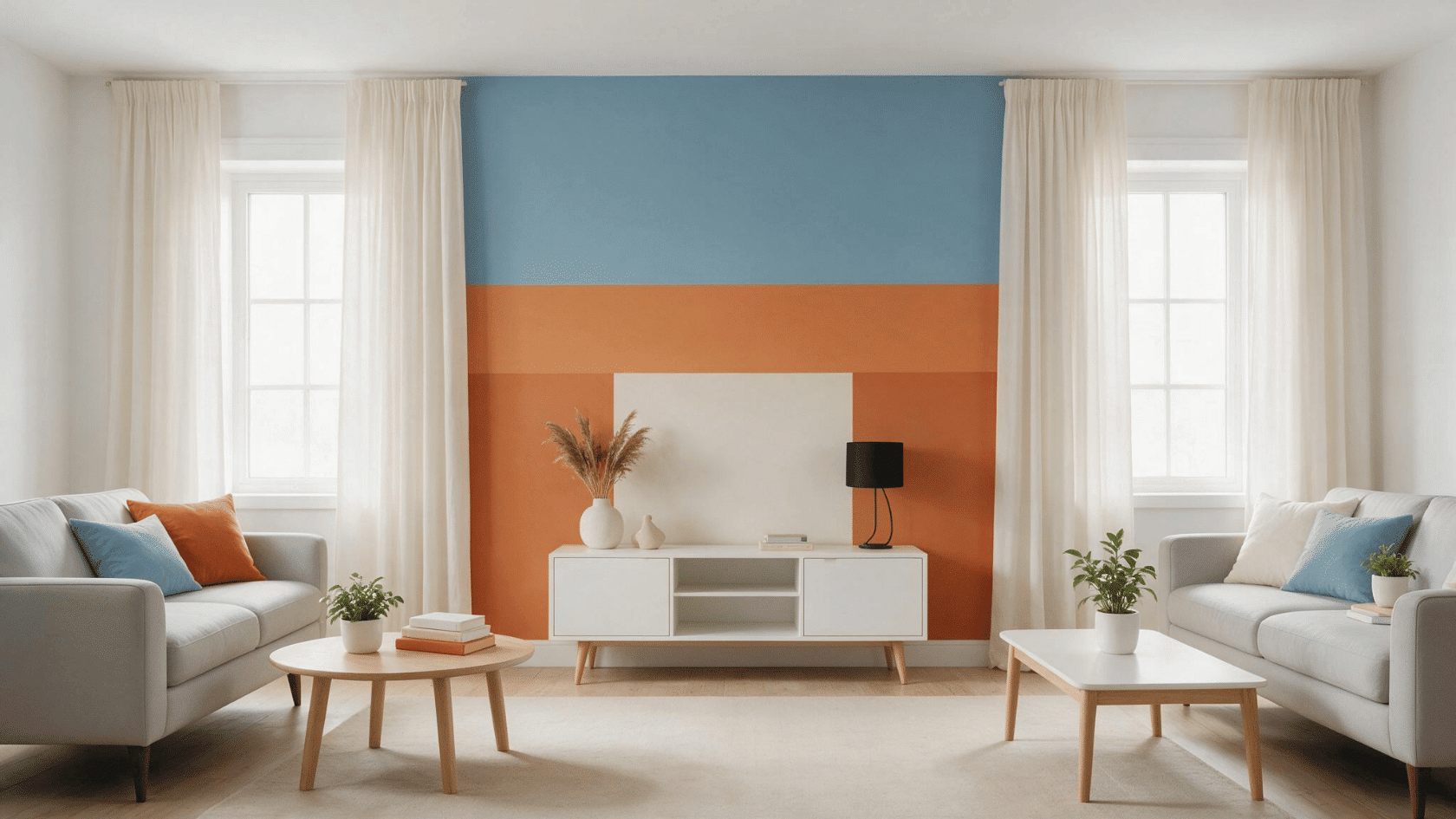 Living room with a color-blocked accent wall in two paint colors and modern decor.
