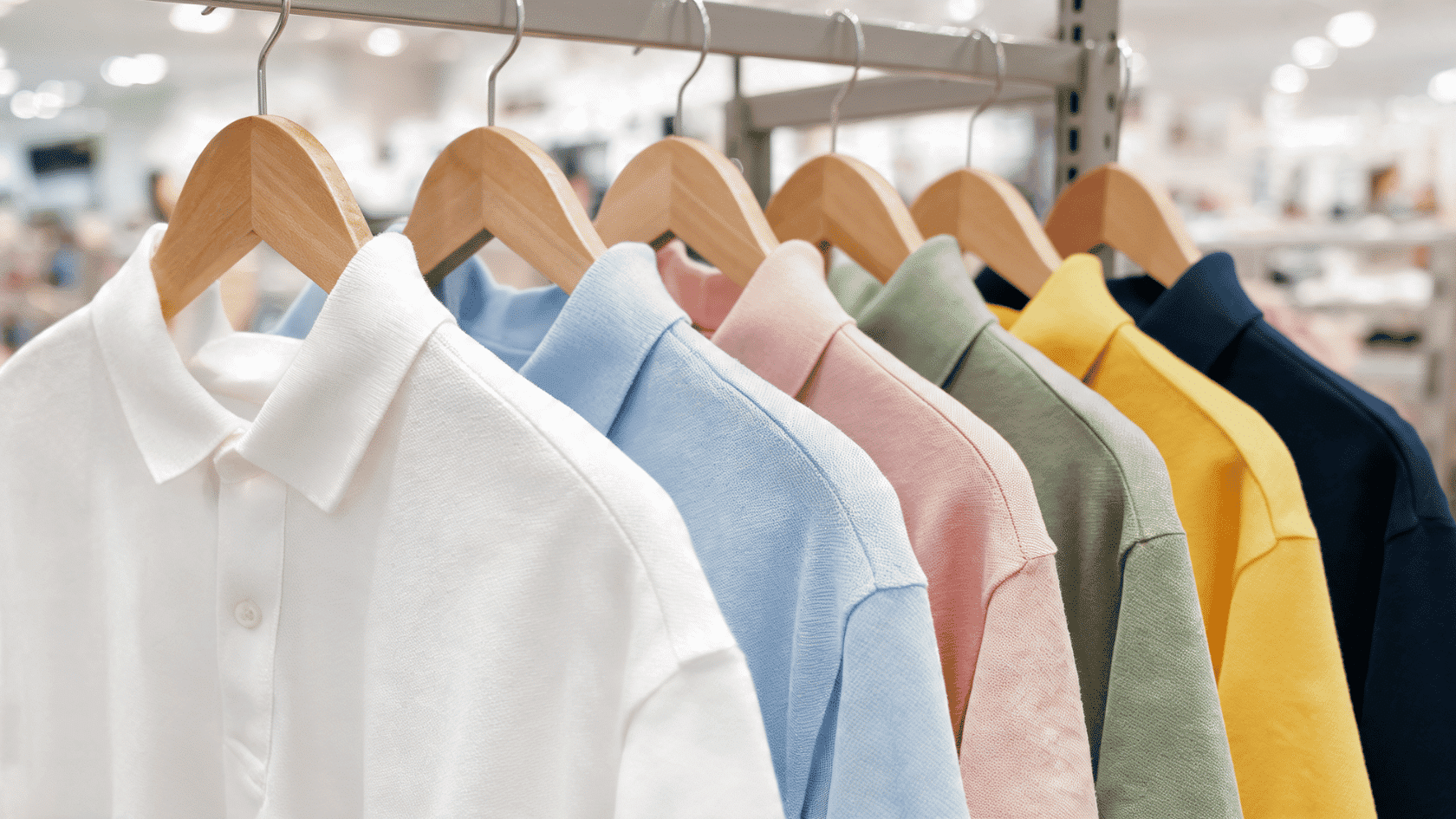 Colorful polo shirts hanging on wooden hangers in a clothing store rack.