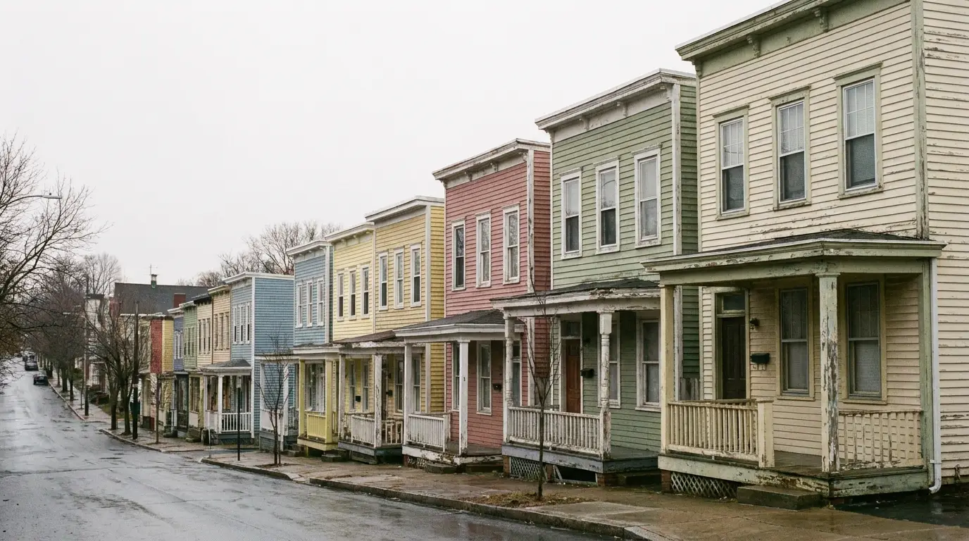 Colorful row of weathered houses on a dreary street corner in an overcast urban setting