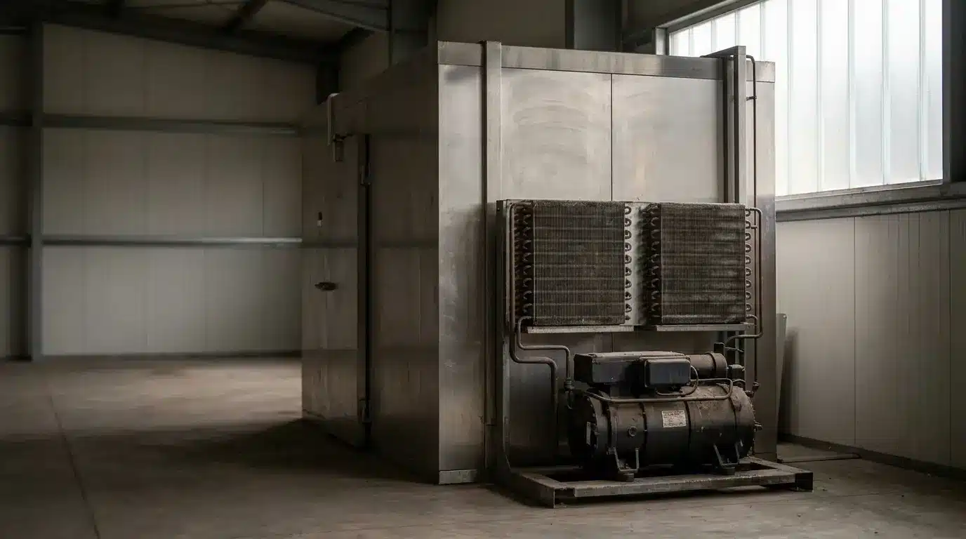 Large industrial refrigerator unit with visible condenser and compressor in a spacious warehouse setting
