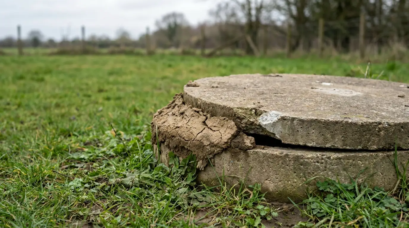 Concrete sewer cover with cracked edges in grassy rural field