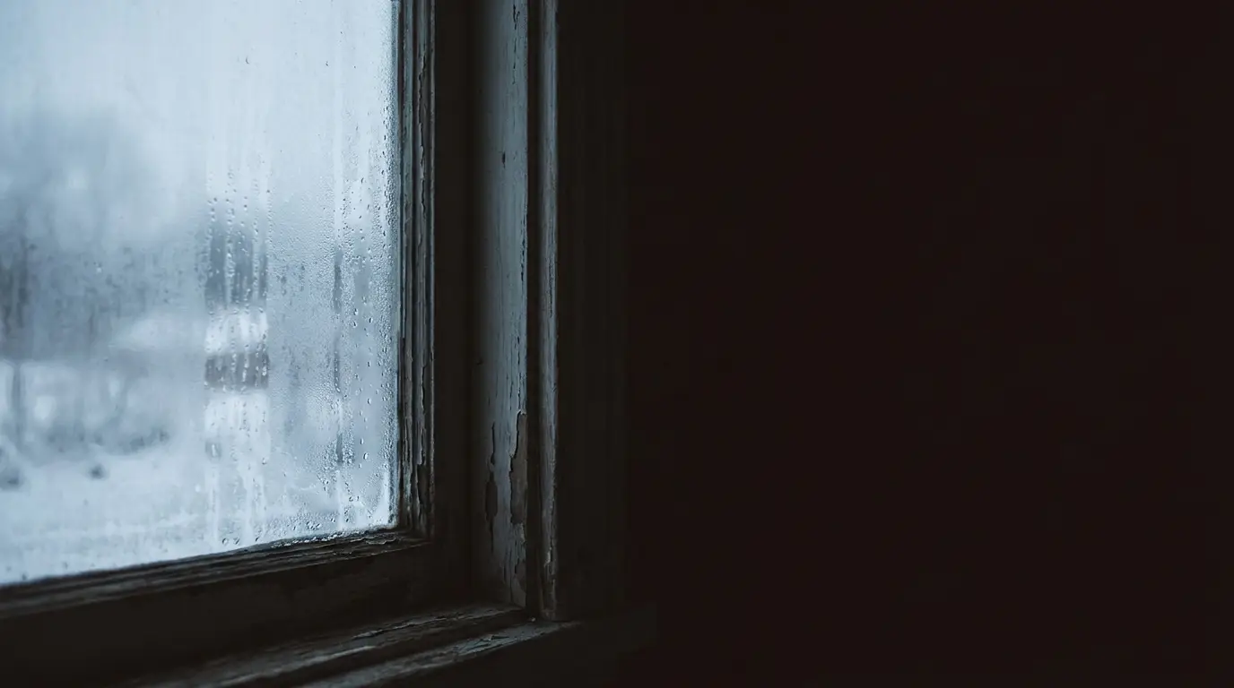 Frosted windowpane with peeling paint in dimly lit interior setting
