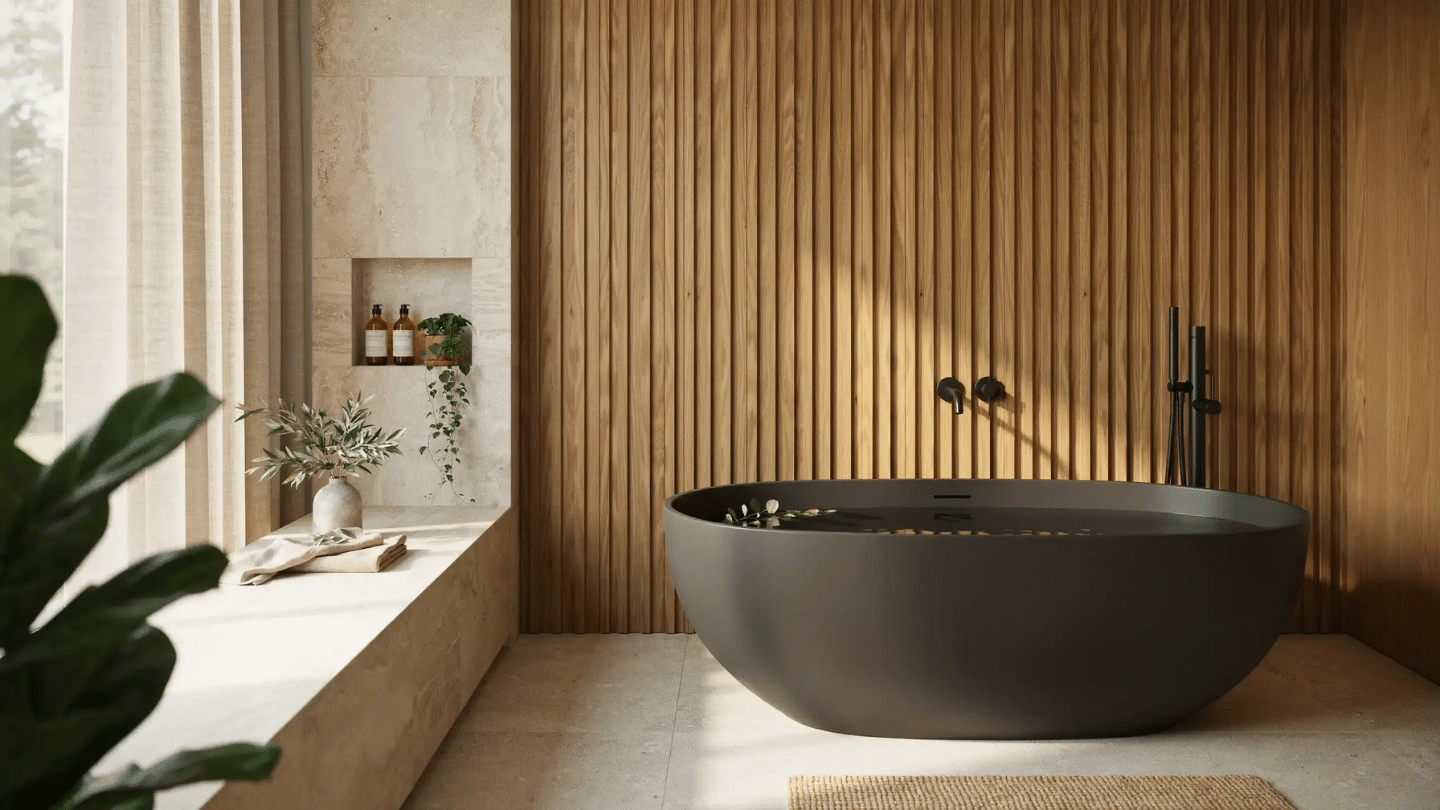 Contemporary bathroom featuring wood accents, stone surfaces, textured tiles, and natural textures for a spa-like feel.