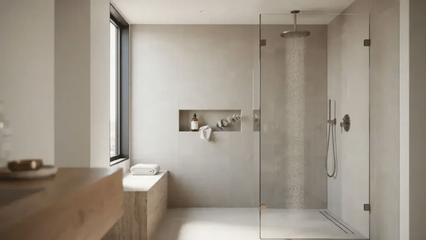 Contemporary bathroom with frameless walk-in shower, rainfall showerhead, built-in niche, and sleek modern finishes.