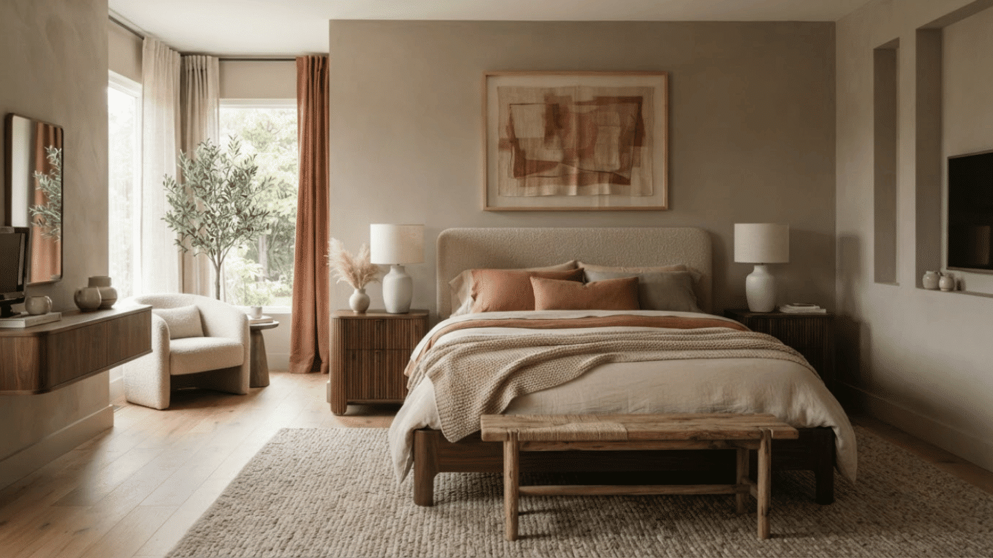 Contemporary bedroom using warm neutral tones, elegant furniture, and calming modern interior aesthetics.
