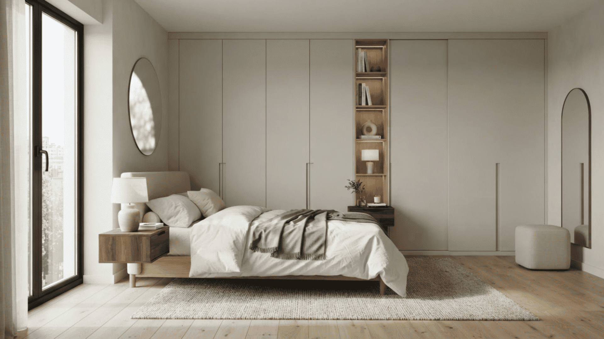 Contemporary bedroom with floor-to-ceiling built-in wardrobes, sliding doors, and minimalist decor for a clean modern look.