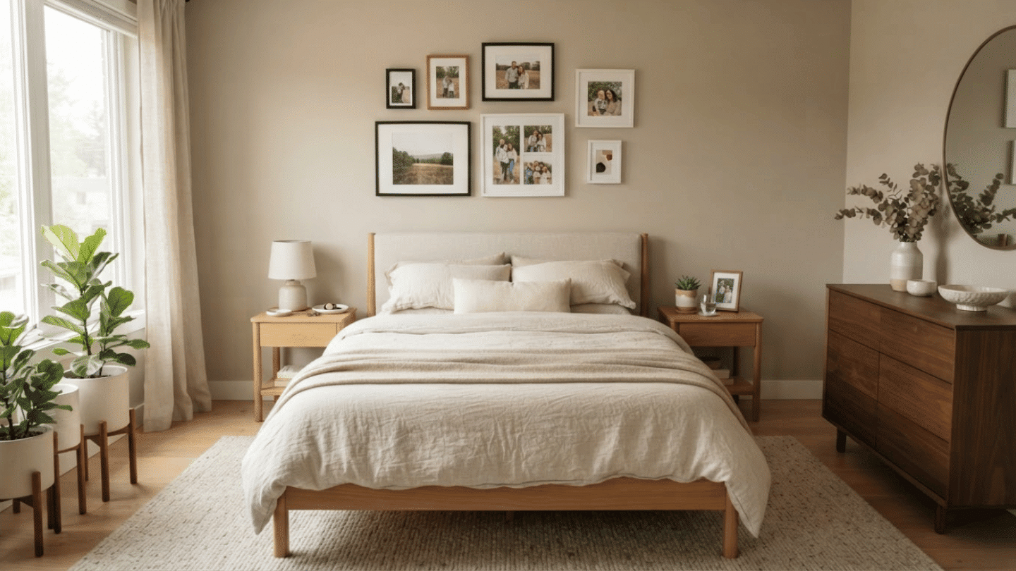 Contemporary bedroom with personalized decorative pieces, framed photos, ceramic accents, and inviting modern styling.