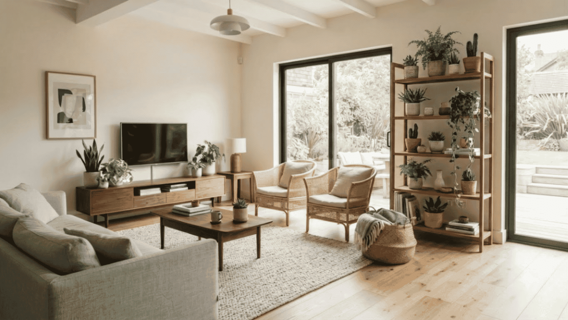 Contemporary home interior featuring indoor plants, natural textures, ceramic planters, and fresh modern styling.