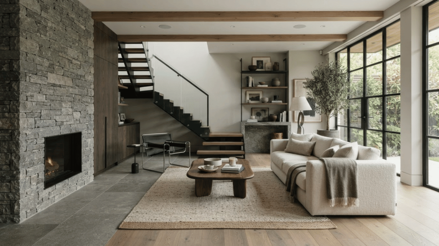 Contemporary interior combining wood, stone, linen, and metal textures for a balanced modern aesthetic.