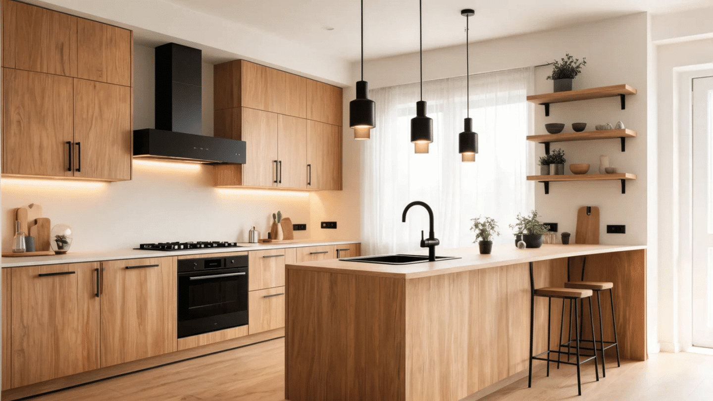 Contemporary kitchen combining natural wood cabinetry with matte metal finishes and balanced modern material contrast.