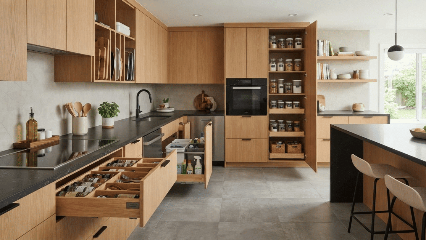 Contemporary kitchen featuring organized storage solutions, hidden compartments, clean countertops, and functional modern design.