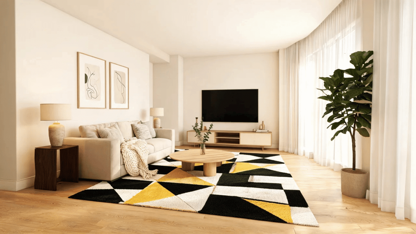Contemporary living room featuring bold statement rug, stylish furniture, textured flooring, and cozy modern décor.