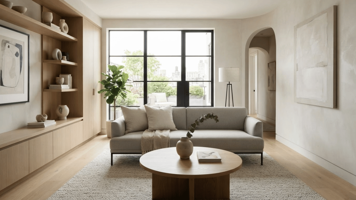 Contemporary living room with minimalist furniture, clean shapes, neutral colors, and an uncluttered sophisticated interior design.