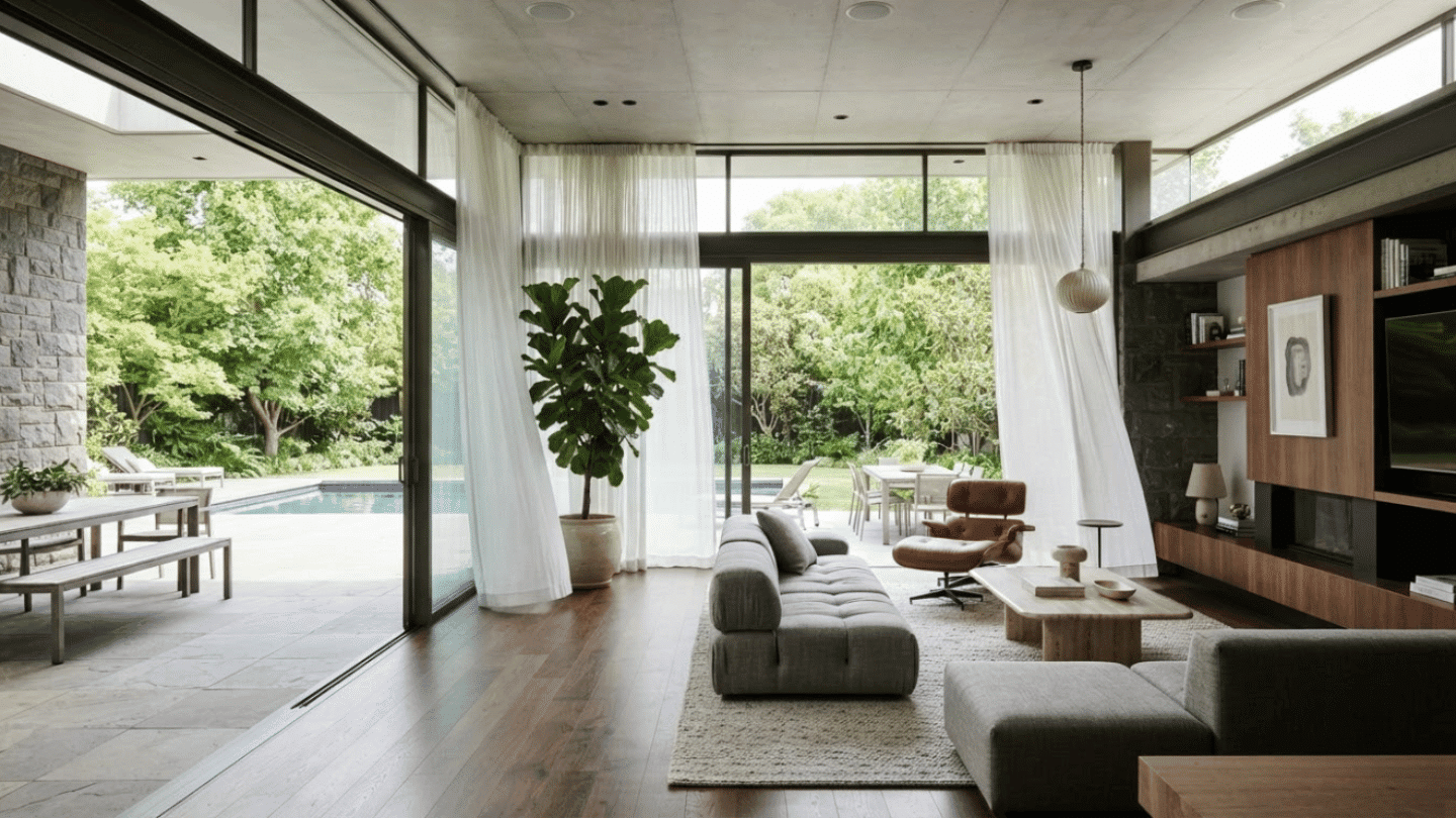 Contemporary living space with floor-to-ceiling windows, natural daylight, and seamless indoor-outdoor connection.