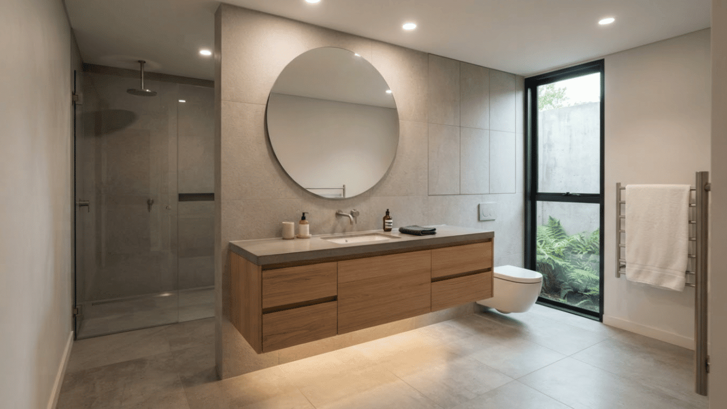 Contemporary minimalist bathroom with floating vanity, frameless mirror, matte tiles, and clean luxury design.