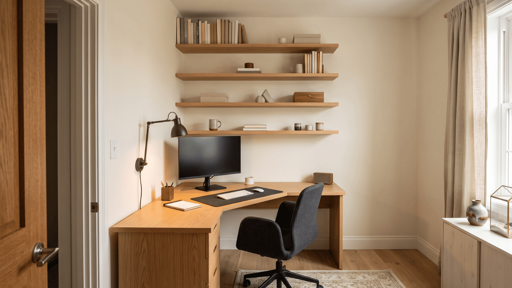 Corner desk with wall-mounted shelves and task lighting in a small office space.