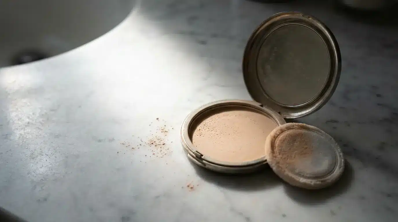 Open compact powder with puff on marble countertop in soft natural light